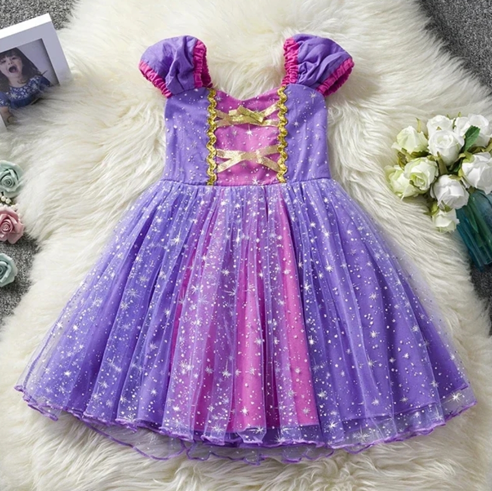 3T Rapunzel Tangled Costume Dress W/ Crown & Gloves Princess Dress Up Play Set - Picture 4 of 12